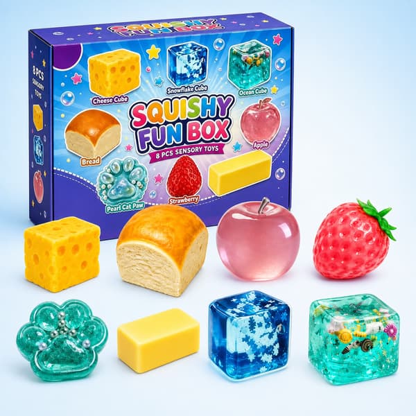 Sensorisk Fidget Legetøj 8-dele Sæt Blød Æske Inkluderer Brød Frugt Kattelegetøj Smør og Terning [YJD]