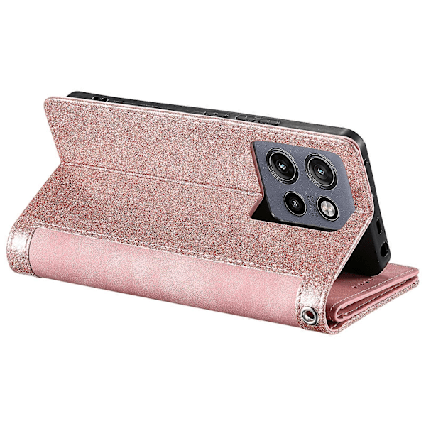 För Motorola Edge 50 Neo 5G Fodral PU Läder Telefonfodral med Dragkedja Plånbok 9 Kortfack [HK] Rose Gold