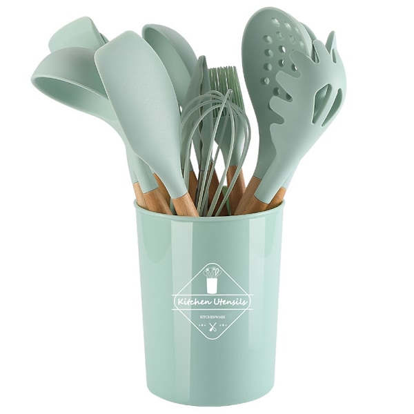 12-deligt set med värmebeständiga silikonköksredskap med trähandtag 12pcs light green
