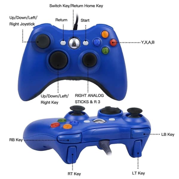 Kabelbaseret controller til Xbox 360, Windows 10/8/7 PC-gaming, dobbelt vibration, ergonomisk komfortgreb, blå[YJD]