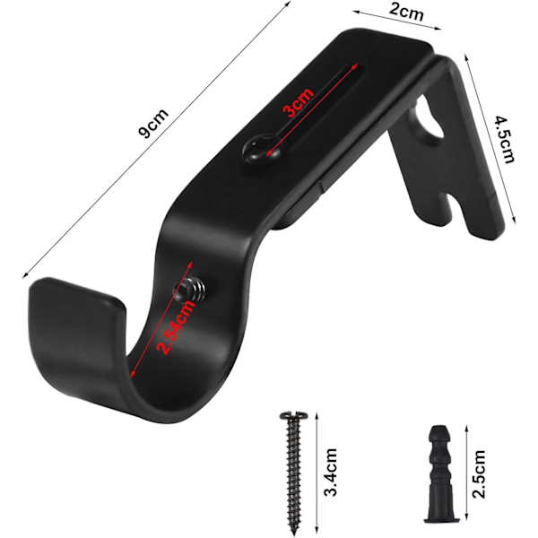 Gardinstangsbeslag, 4 stk. Justerbare vægbeslag, Metal Gardinstangsbeslag, Gardinstangsbeslag med 8 fastgørelsesskruer til gardinstænger (Sort)  (YJD)