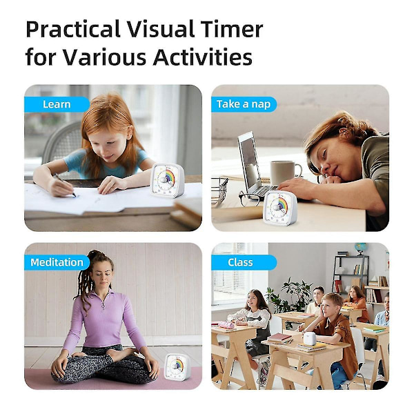 60-Minutters Visuel Timer med Natlys, Nedtællingstimer, Pomodoro Timer med Regnbue Mønster til Børn og Voksne