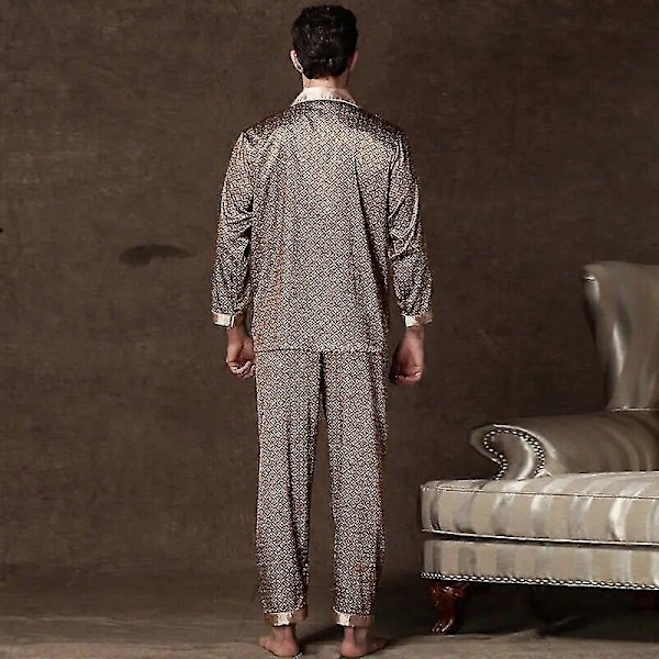 Herr Stain Silk Pyjamasset Pyjamas Herr Sovkläder Tryckt Siden Nattlinne Hem Man Satin Mjuk Bekväm Sovpyjamas[HK] XL Champagne