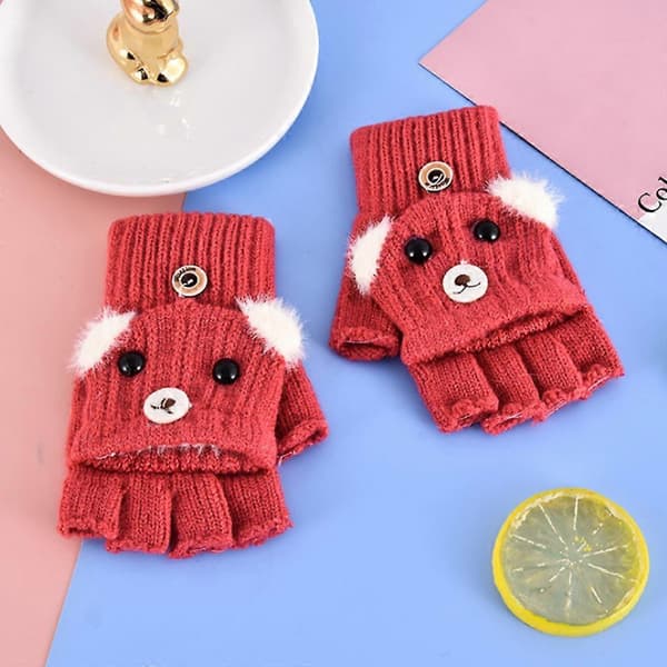 Tecknade Hundhandskar Halvfingerhandskar med Flipptopp Vinterstickade Handskar Stretchiga Djurvantar Elastiska Varma Vantar[YJD] Wine Red