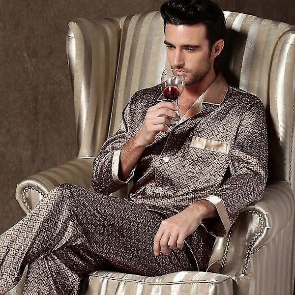 Herr Stain Silk Pyjamasset Pyjamas Herr Sovkläder Tryckt Siden Nattlinne Hem Man Satin Mjuk Bekväm Sovpyjamas[HK] XL Champagne