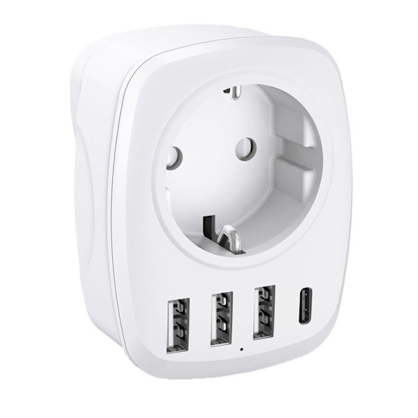 EU/UK Rejseadapter - 4 USB-porte - Hvid - Voltman