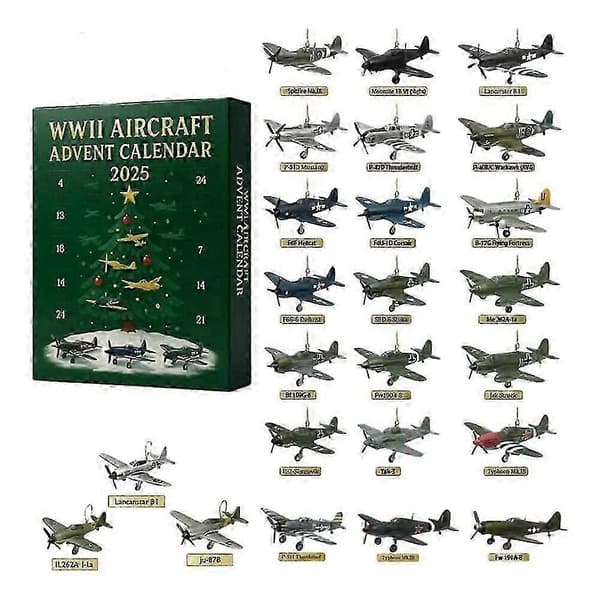 2026 Julekalender, 24 Unike 2D WWII Flyornamenter for Juletrepynt