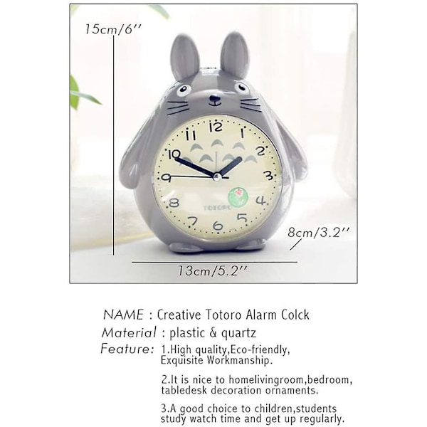 Wekity Totoro-tema vækkeur med snooze-funktion, lydløs og LED-natlys, den perfekte gave til børn, teenagere og venner, grå