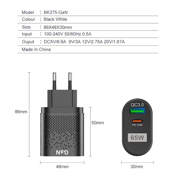 65W GaN snabbladdare adapter vit [kk] white