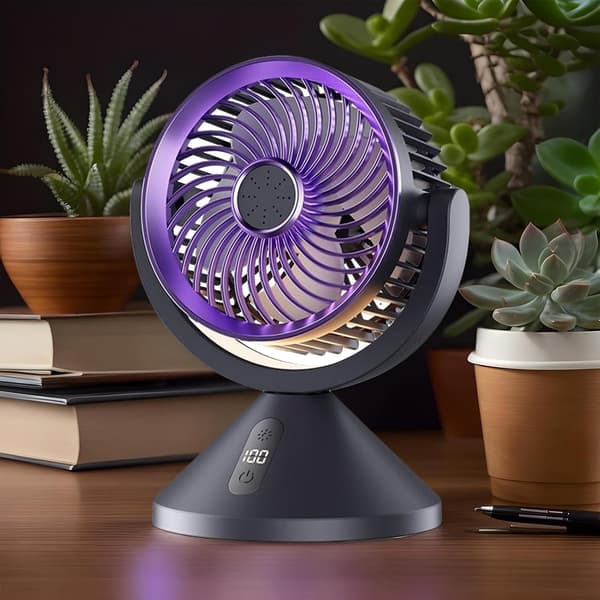 USB genopladelig bordventilator med LED natlys og indbygget luftdiffuser, ideel til camping, sovesale. (JYD)