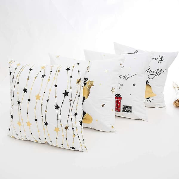 45 x 45 cm God Jul Kuddfodral Set om 4 Bomull Örngott Vinter Guldtryck Julstrumpa Presentmönster Dekoration för Soffa Sovrum [YJD]