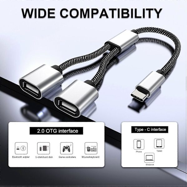 Type A Type-C Hann til Dobbel USB 2.0 Hunn Adapter USB-C OTG Splitter Y Kabel Konverter Støtte[HK]