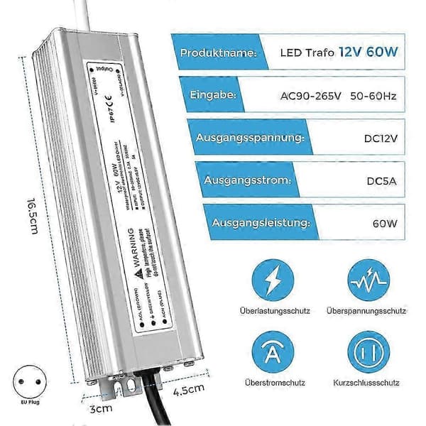 LED-driver 12V 60W, Vanntett utendørs driver med plugg, LED-strømforsyningsdriver 230V til DC12 Volt-adapter, EU[YJD] Silver