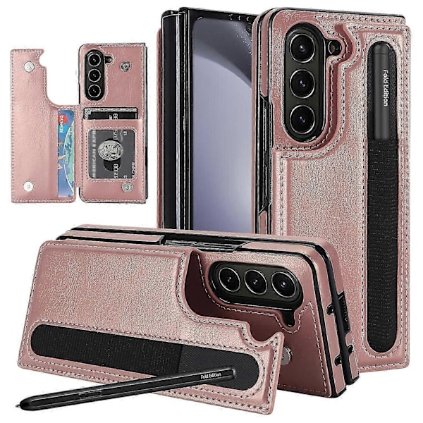 Läder RFID-skyddande Flip Folio Plånboksfodral för Samsung Galaxy Z Fold 6 med S Pen-hållare Kortplats Ställ[HK] Rose Gold