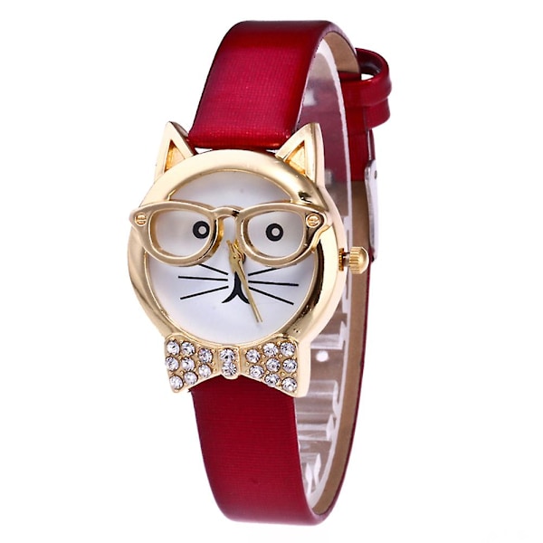 Sød Katteansigt Rund Urskive Rhinestone Kunstlæder Analog Quartz Armbåndsur[HK] Red