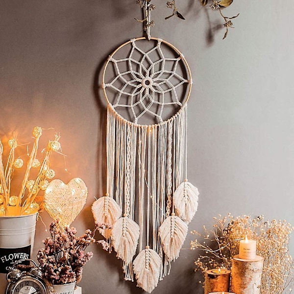 Handgjord drömfångare Macrame väggdekoration Boho vävd gobeläng väggdekor  (YJD) beige