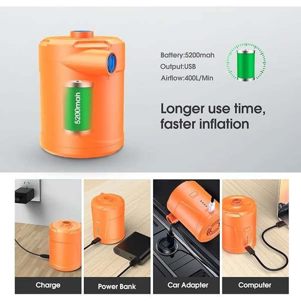 5200 mAh oppladbar elektrisk luftpumpe, 3 dyser, rask oppblåsing, luftmadrass, båt CAMPINGTELTTILBEHØR (YJD)