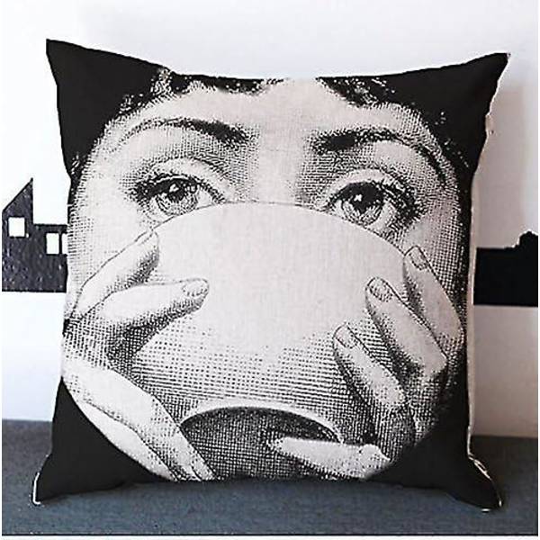 Bomulls Kvadratisk Putesett Puter Kasse Dekorative Puter Putesett for Sofa Fornasetti ansikt Te kopp Te (45cmx45cm) kk