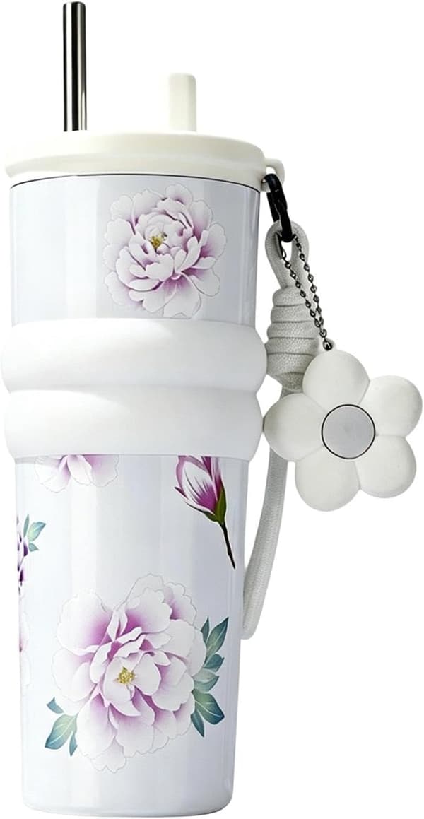 Isolert drikkekopp, rustfri stålfalske, kaffebeholder med solid panel, sportskopp med raffinert belegg, 10.63x2.76 tommer drikke [YJD] White
