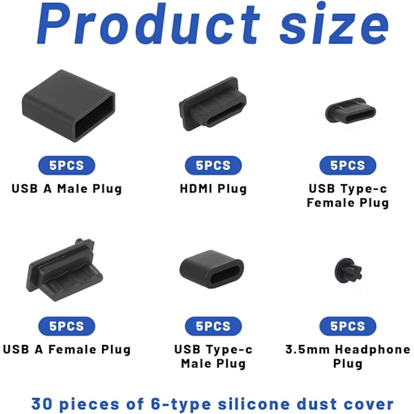 30 st 6 typer silikondammskyddssats - Skyddar USB Type-C, Type-A, 3,5 mm, HDMI[YJD]