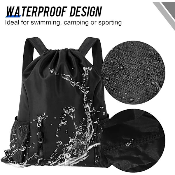 Tau Ryggsekker, Vanntette Sportslige Lettvekt Nylon Ryggsekk Treningsbag med Trekkstreng for Menn Kvinner, Treningsbag for Sport Svart Black