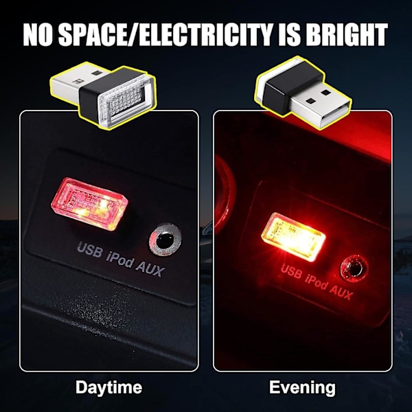 4 stk USB LED Bil Interiør Atmosfærisk Lampe, Bærbar Mini LED Natlys, Plug-in USB Interface Bagagerums Ambientebelysningssæt (rød)