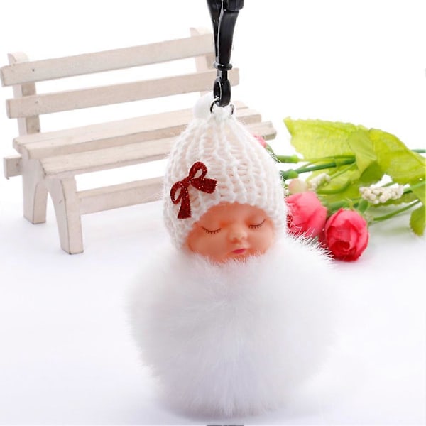 Söt Sovande Baby Fluffig Päls Plysch Docka Hänge Nyckelring Handväska Dekor[HK] Red
