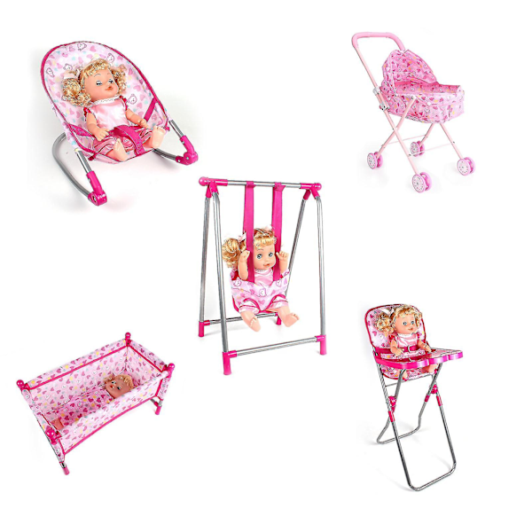 50% Rabatt på Babydukke Barnevogn Spisebordstol Gyngestol Sving for Dukker Barn Vogn Leke rocking chair