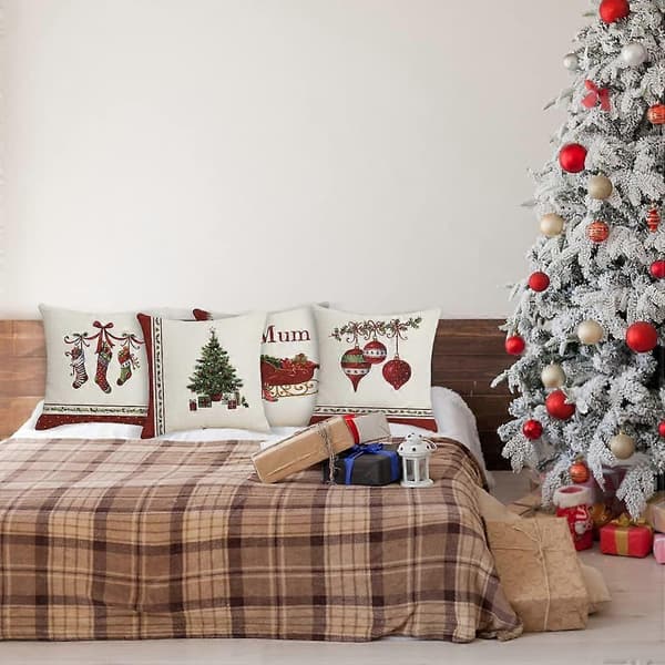 Julepudebetræk 45x45cm, Sæt med 4 dekorative julepuder til sofa i bomuld og hør til sofa og seng - Glædelig jul dekoration[YJD]