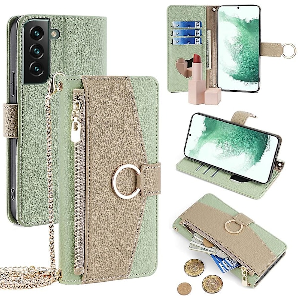 Til Samsung Galaxy S22+ 5G Lynlåslomme Etui PU Læder Crossbody Telefon Cover Wallet - Hvid[HK] Green Style B Samsung Galaxy S22+ 5G