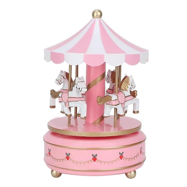 Karusellspeldosa, 4 hästar Träkarusellspeldosa Jul Bröllop Födelsedagspresent [YJD] Pink