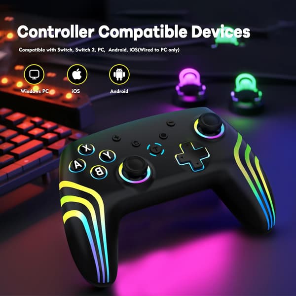Trådlös Pro-kontroll för Nintendo Switch/Switch 2/Lite/OLED och PC med RGB-belysning, dubbel vibration och 6 axlar [YJD]