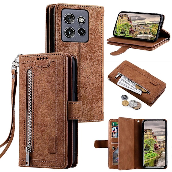 For Motorola Edge 50 Neo 5G Deksel PU Lær Telefondeksel med Glidelås Lommebok 9 Kortspor[HK] Brown