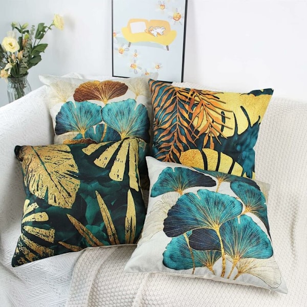 Sett med 4 45x45 cm firkantede putetrekk i grønt og gullblader bomulls sofa putetrekk for putevar D