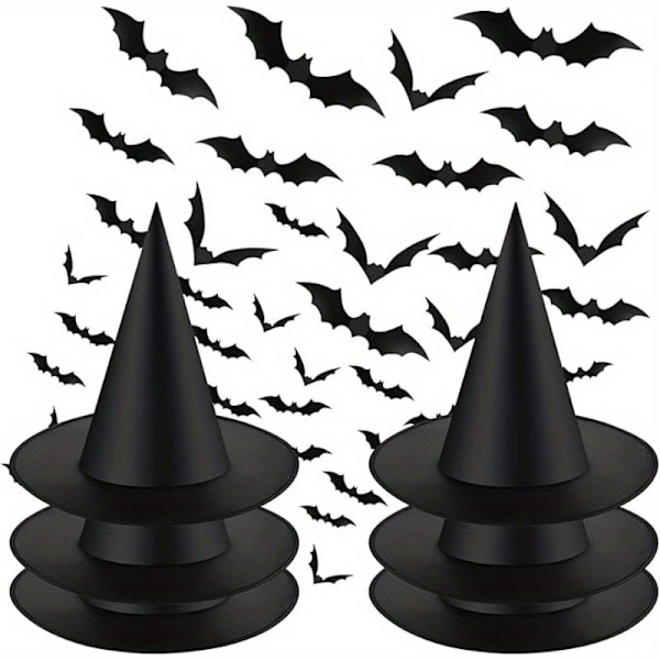 12 sorte heksehatte i polyester, plus 60 flagermusvægdekorationer og snore, Halloween kostume heksetilbehørshatte, velegnet til Halloweenfest (YJD) 12 witch hats and 60 bats