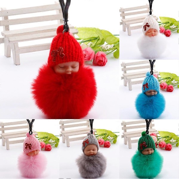 Söt Sovande Baby Fluffig Päls Plysch Docka Hänge Nyckelring Handväska Dekor[HK] Red