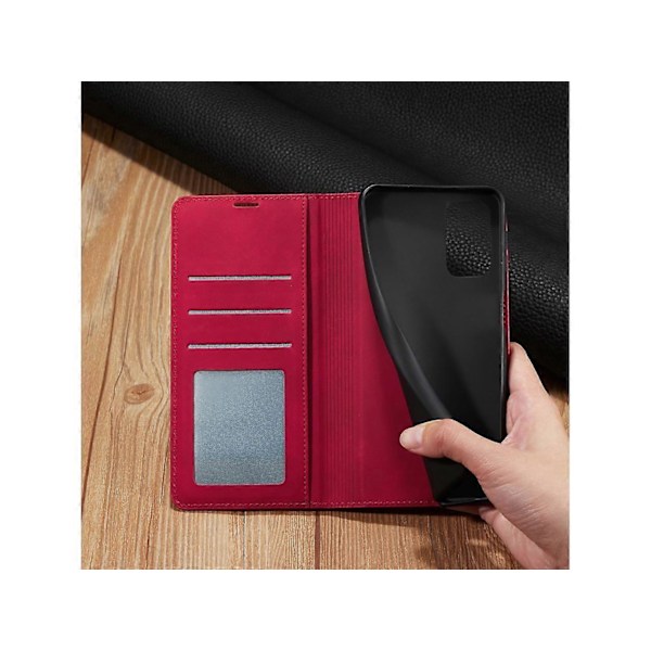 Samsung Galaxy A32 5G Fodral, Premium PU Läder Omslag TPU Stötfångare med Korthållare Ställ Dold Magnetisk Stötsäker Flip Plånboksfodral [HK] Red