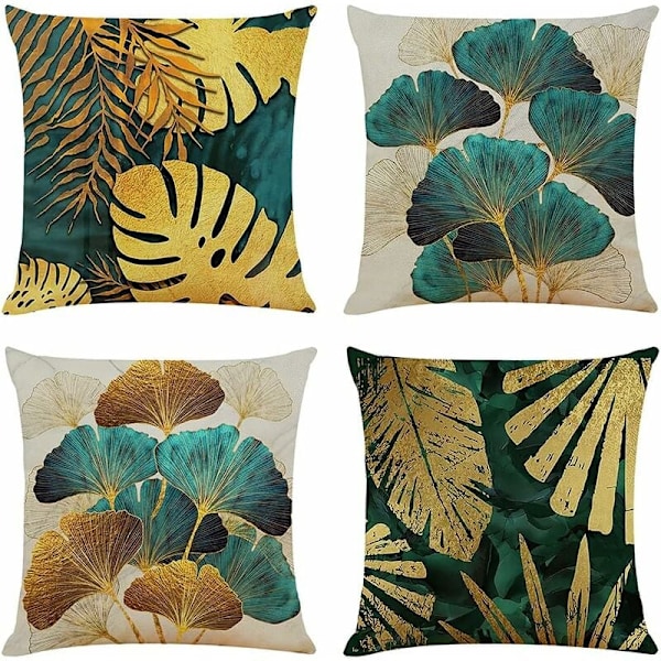 Sett med 4 45x45 cm firkantede putetrekk i grønt og gullblader bomulls sofa putetrekk for putevar D