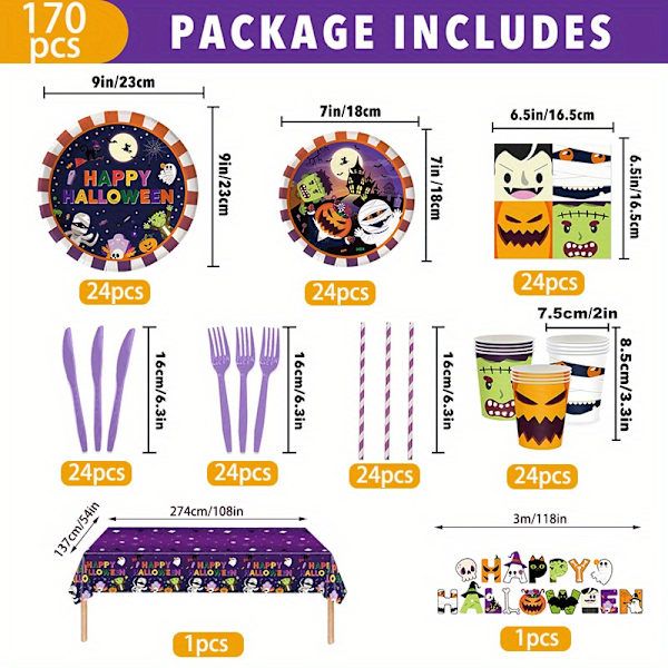 170 osan piirretty Halloween-teemainen juhla-astiastosetti, kertakäyttöinen astiastosetti, lomajuhla-astiastosetti, sisältää paperilautasia, pöytäliinan (YJD) 170pcs