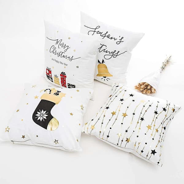 45 x 45 cm God Jul Kuddfodral Set om 4 Bomull Örngott Vinter Guldtryck Julstrumpa Presentmönster Dekoration för Soffa Sovrum [YJD]