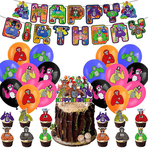 Gorilla Tag Populært Spiltema Glad Fødselsdagsfest Tilbehør, Inkluderer Banner, Balloner Kit, Kage Topper, Cupcakes Topper, Fest Dekorationssæt (YJD)