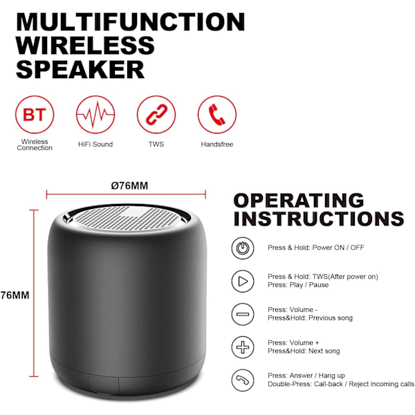 Bluetooth-högtalare, Portabel Mini Trådlös Högtalare Bluetooth 5.0 Utomhushögtalare med HD Stereo HiFi-bas, 1200mAh Batteri för Dusch, Resor[YJD] white