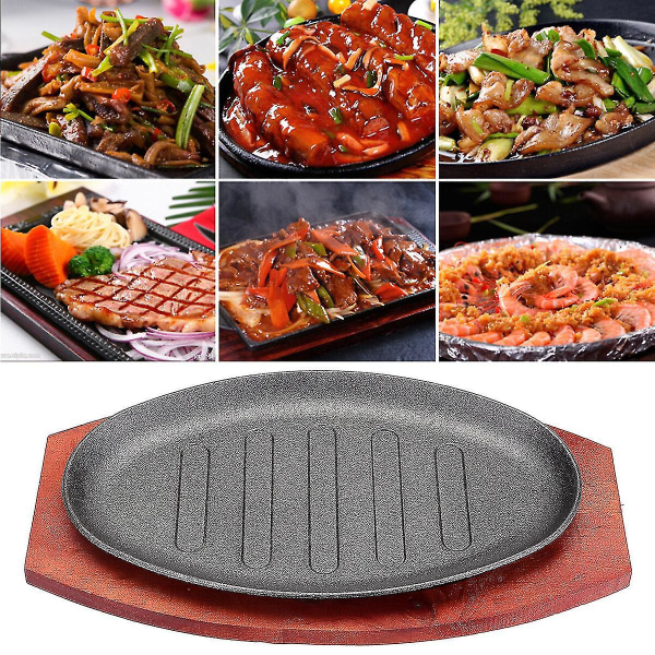 3 Kokoa Valurautaa Steak Fajita Sizzler-lautanen Lautanen Bbq Grill Pan Keitto Puinen Pidike Hh20  (YJD) 12 inch