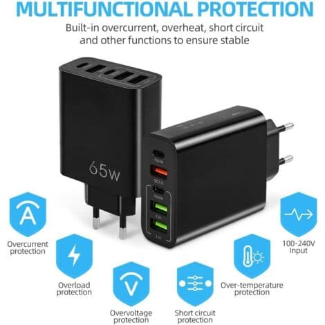 65W snabb USB-C-laddare – 5 portar: 2 USB-C PD20W, 2 USB, 1 QC 3.0 – Samtidig laddning för iPhone, MacBook, Galaxy (Svart)[YJD]