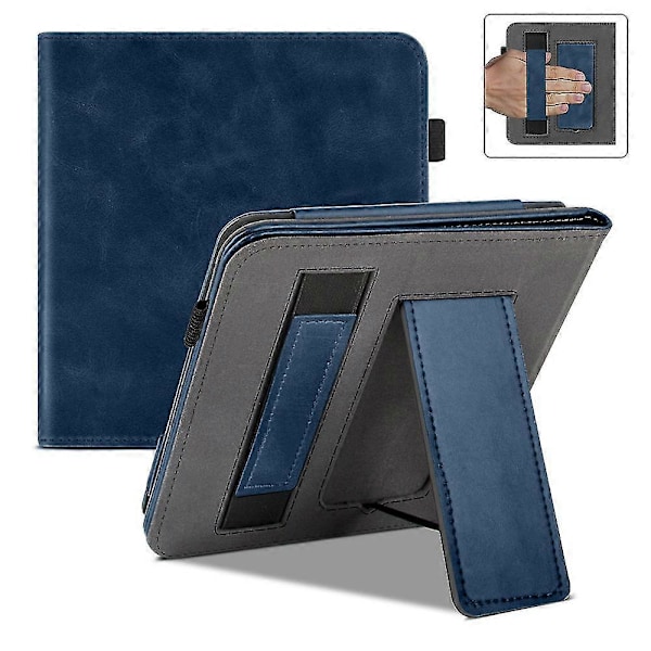 Suojakotelo 7\" Kobo Libra Colour (2024) -lukulaitteelle, Premium PU-nahkainen jalustakotelo käsihihnalla ja automaattisella [HK] Blue