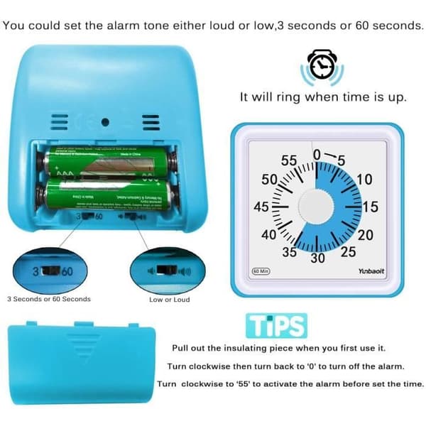 Visuell analog timer, lydløs nedtellingstimer, tidsstyringsverktøy for barn og voksne (blå)