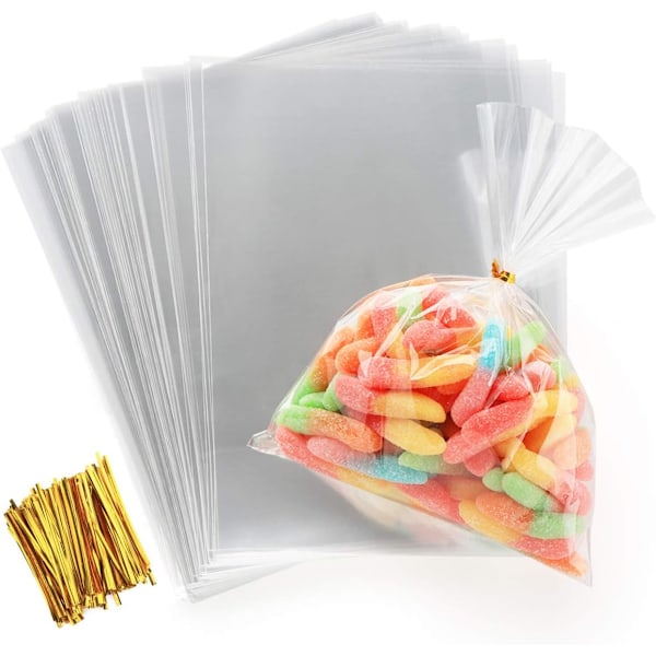 200 stk. Klar Plastikpose OPP Pose 15x20cm Cellofan Slikpose Transparent Gavepose med Twist-bånd 10cm til