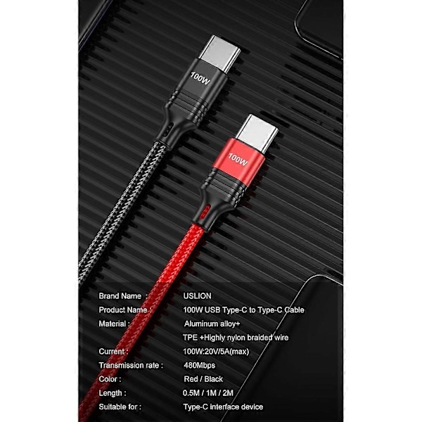 100W USB Type C til Type C Kabel PD Hurtiglading 5A Hurtiglader USB C Kabel[HK] Red 1m