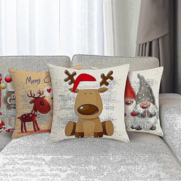 Julkuddfodral 45x45cm, set om 4 dekorativa julkuddfodral i bomull och linne för soffa, säng, sovrum, stol, trädgård-m[YJD]