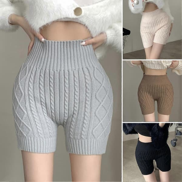 Dame Vinter Shorts Strikket Høy Midje Elastisk Ensfarget Hold Varm Anti-eksponering Basic[YJD] Grey One Size